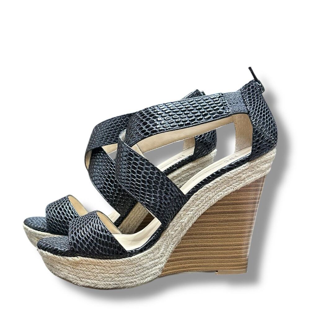 Platform Espadrille Sandals Heels Wedges Peep Toe Black Tan INC Carlin Size 9.5M